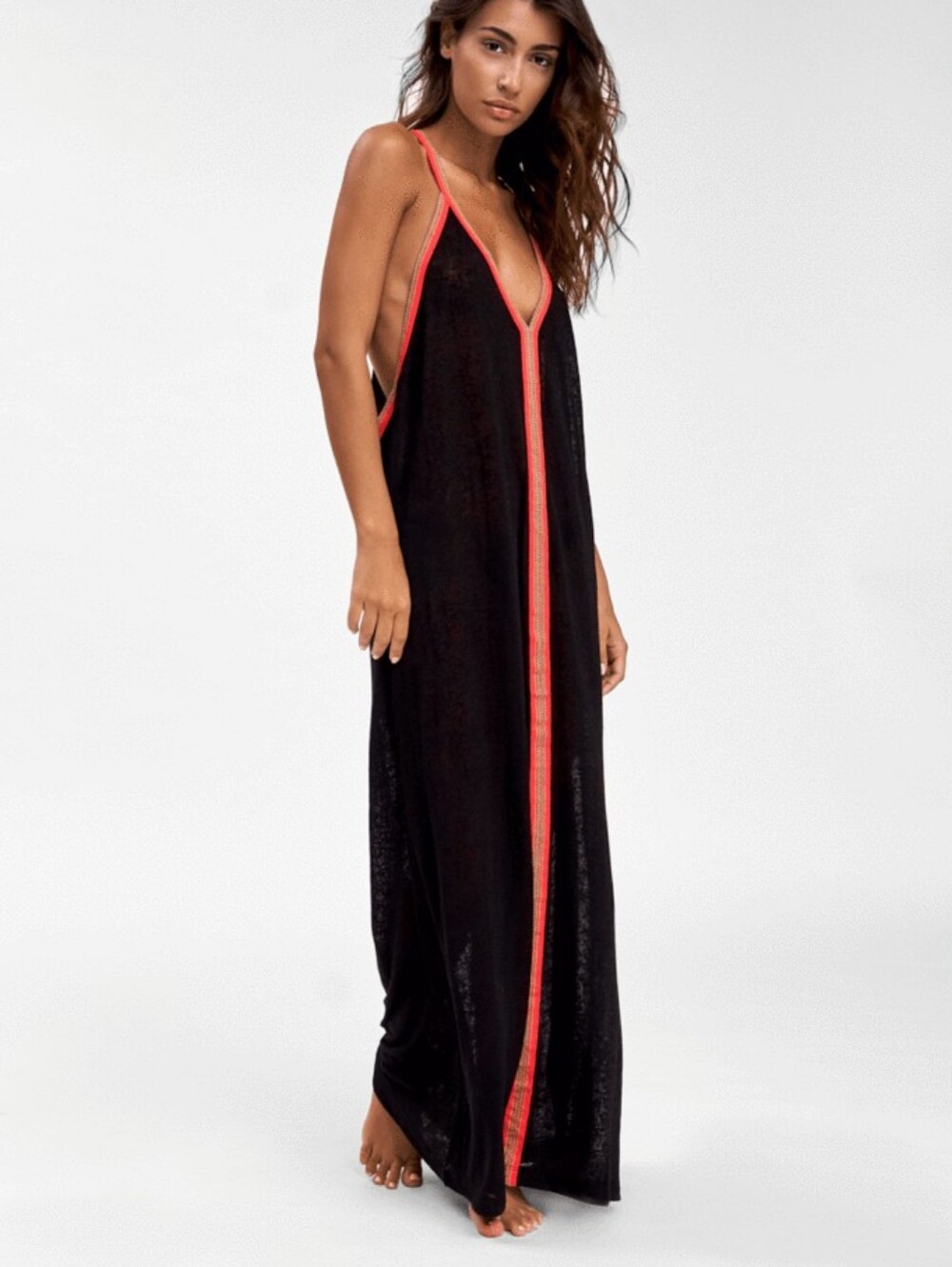 Pitusa Black Maxi Cover-Up with Coral-Red Trim